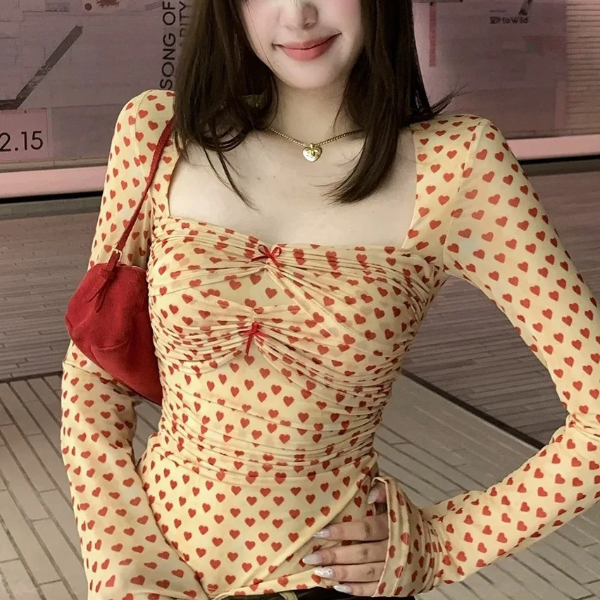 Women's 2026 New Festive Atmosphere Lace Heart Pattern Stretch Knit Ruched Top