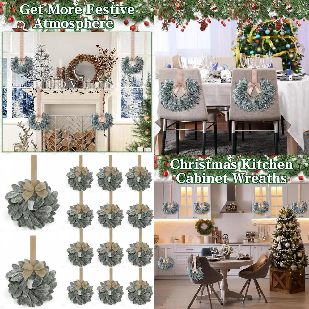 

Set of 24 Mini Christmas Wreaths with Burlap Bows for Kitchen Cabinets and Doors, Festive Home Decor