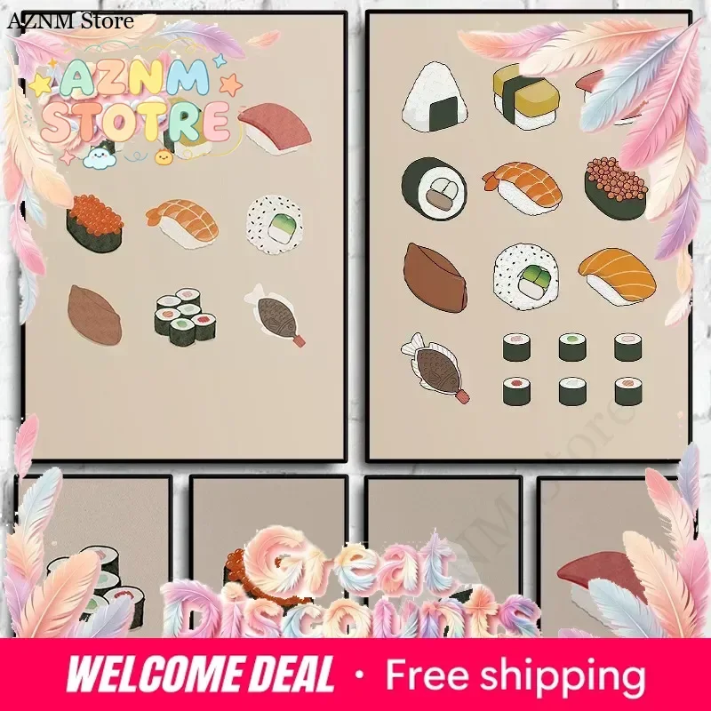 Minimalist Japanese Sushi Guide Poster Boho Retro Food Watercolour Picture Canvas Painting Wall Art for Kitchen Room Home Dec