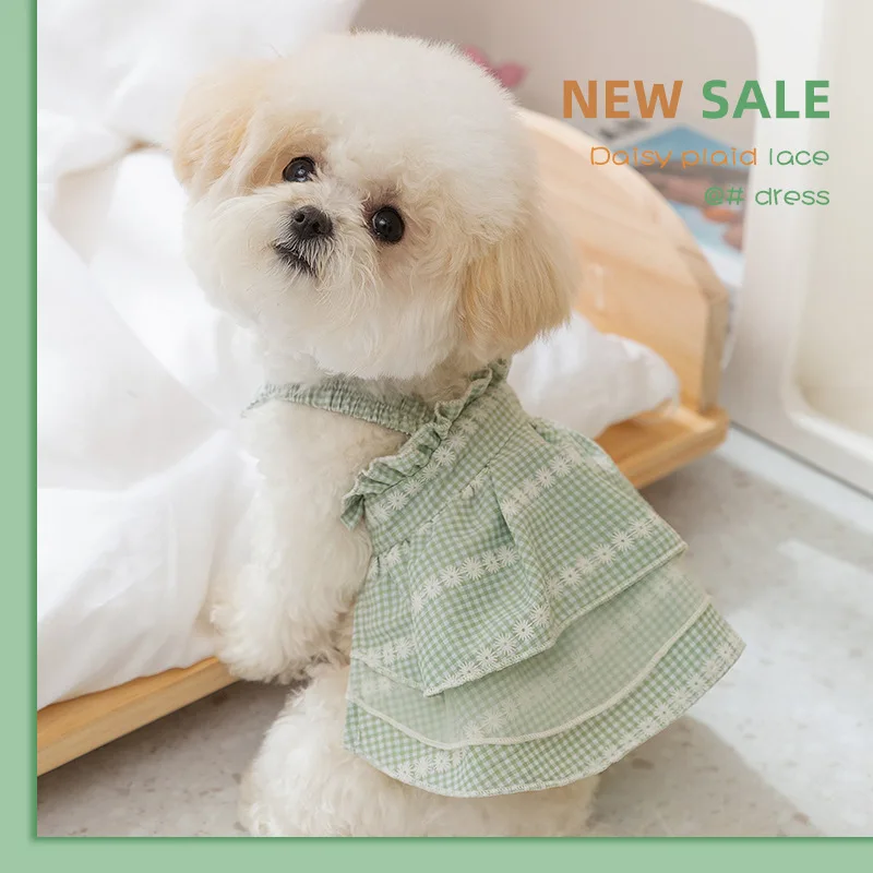 Spring and Summer Dog Princess Style Small Daisy Plaid Lace Suspender Dress Cat Two Legged Dress Pet Clothing