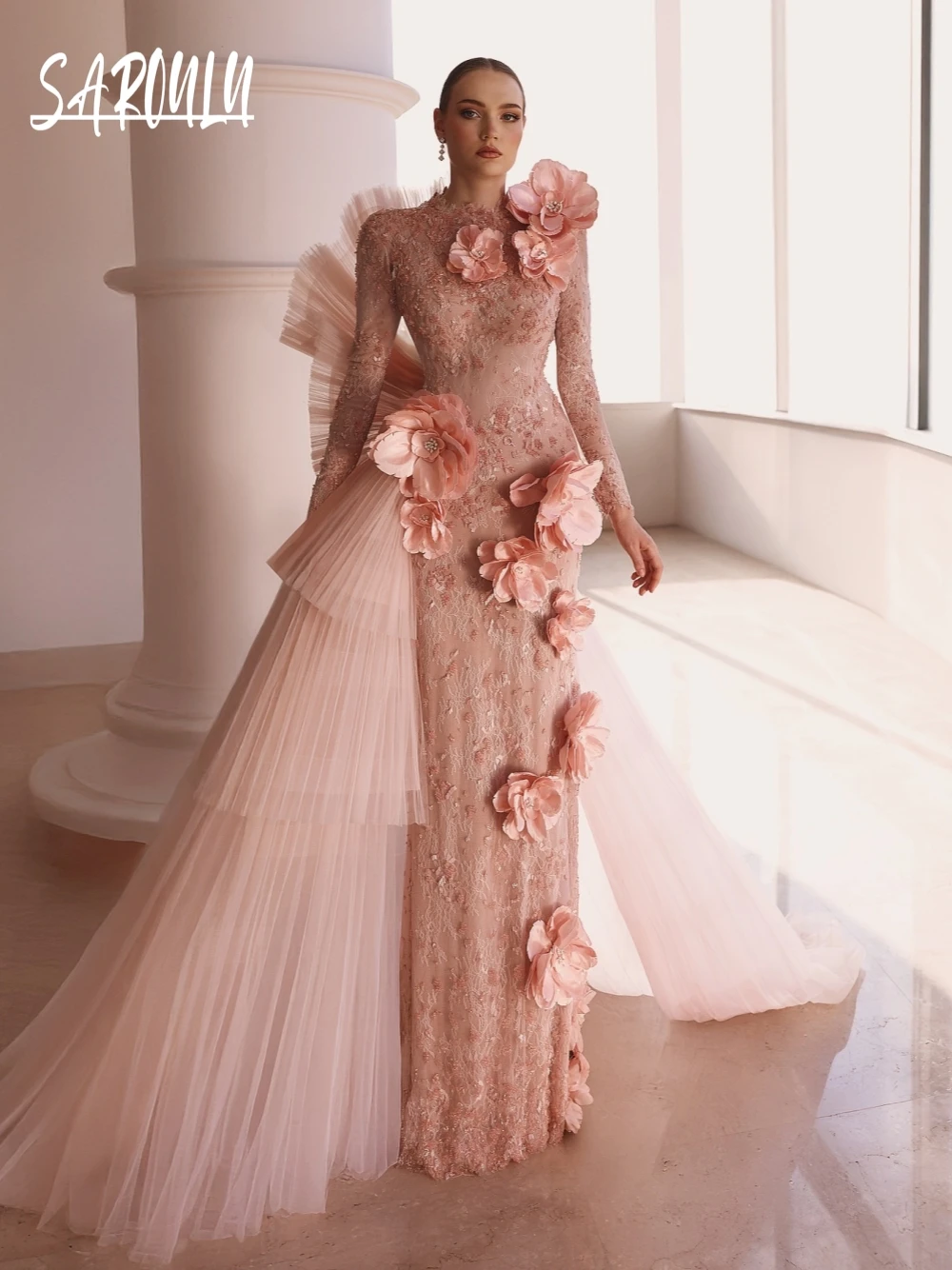 

Милое вечернее платье трапециевидной формы с 3D цветами, стильное кружевное коктейльное платье для красной ковровой дорожки, индивидуальное романтическое эксклюзивное платье с длинными рукавами