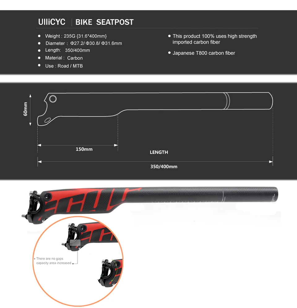 ULLICYC Seatpost - Made of Carbon Fiber MTB Bike Seatpost Offset 20mm Bike Seatpost 27.2/30.8/31.6 Bike Seat Length 350/400mm