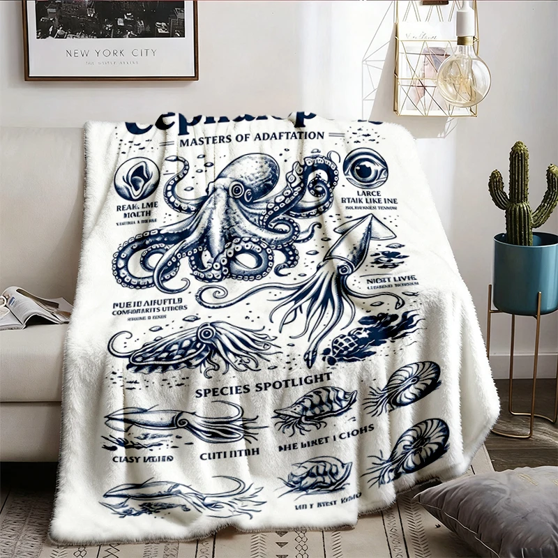 Cephalopods Vintage Science Flannel Blanket, Retro Marine Biology Graphic Flannel Throw, Ocean Nerd Gift