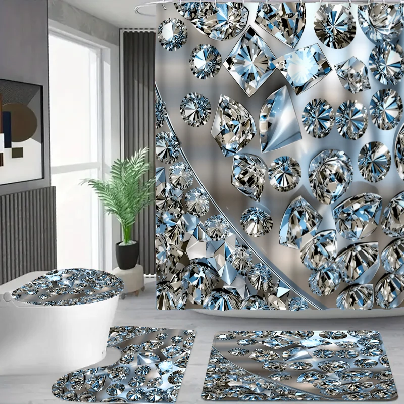1/4Pcs Creative Light Luxury Style Shower Curtain Set with Clear Diamond/Crystal Texture, with Silver and White as the Main Colors, Featuring a Bling-Bling Sparkling Texture Pattern That Is Brought to Life through Light and Shadow. the Shower Curtain Set Comes in Two Sizes, with Options for Both the Shower Curtain and the Four-Piece Set, Including 12 Plastic Hooks, a Shower Curtain, a Non-Slip Floor Mat, a Toilet Seat Cover, and Essential Home Bathroom Accessories