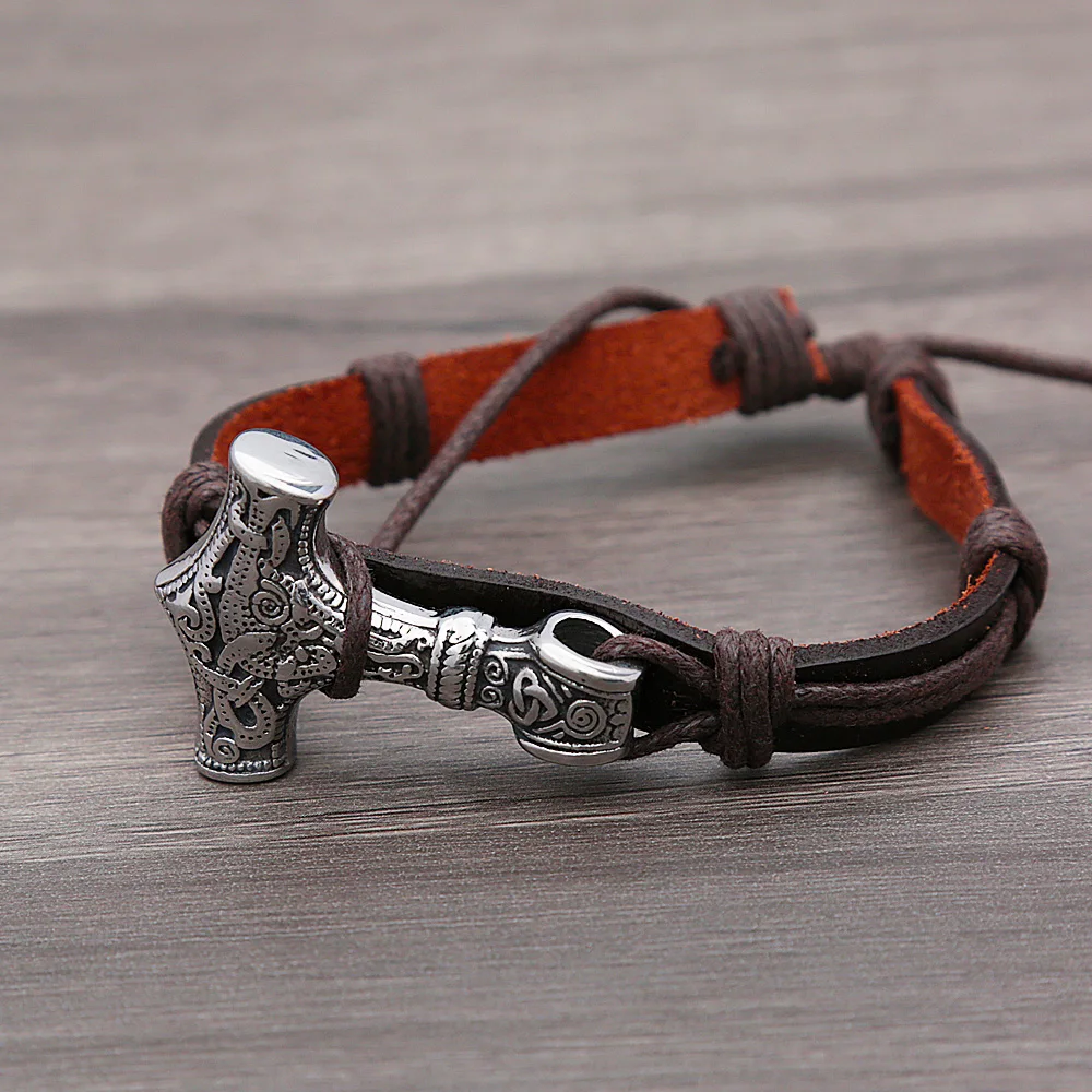 

Vintage Stainless Steel Nordic Viking Thor Hammer Bracelet Men Fashion Punk Adjustable Leather Bracelet Biker Jewelry Wholesale