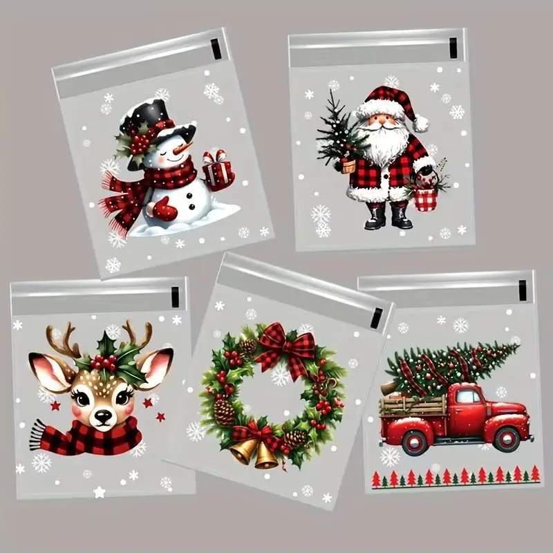 50/100pcs Christmas Gift Wrapping Bags With Snowflake, Santa Claus, Reindeer, And Holly Print Self-Adhesive Packaging Bags