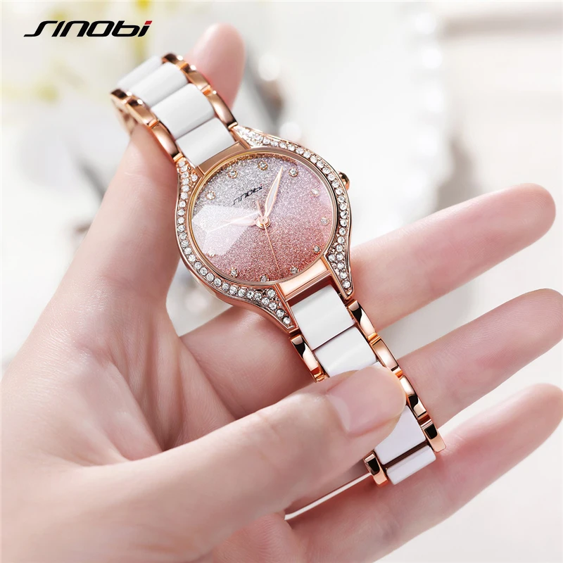 SINOBI Women Watches Rhinstone Rose Gold Dial White Strap Montres Femme Japanese Quartz Movement Luxury Clock Relogio Feminino