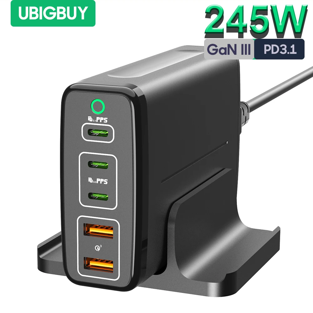 

Ubigbuy 245W USB C Power Adapter GaN III 140W PD3.1 Type C Charger 5-Port Fast Charging Station for MacBook iPhone Samsung Phone