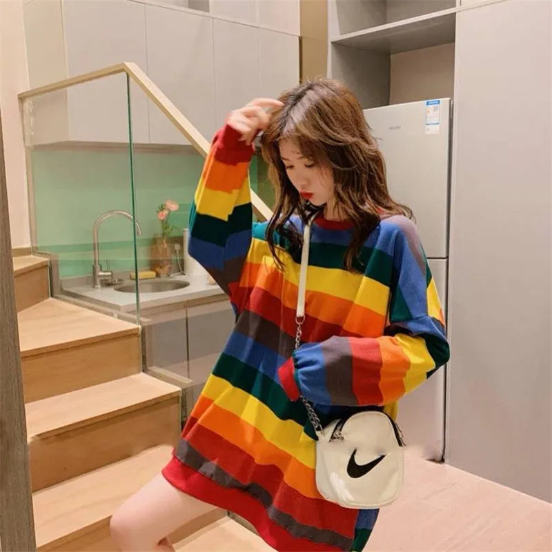 Rainbow Striped Long Sleeve Sweatshirts Women Spring Autumn Hoody Blouse Shirts Female Pullover Hoodies SweatshirtRainbow Stripe