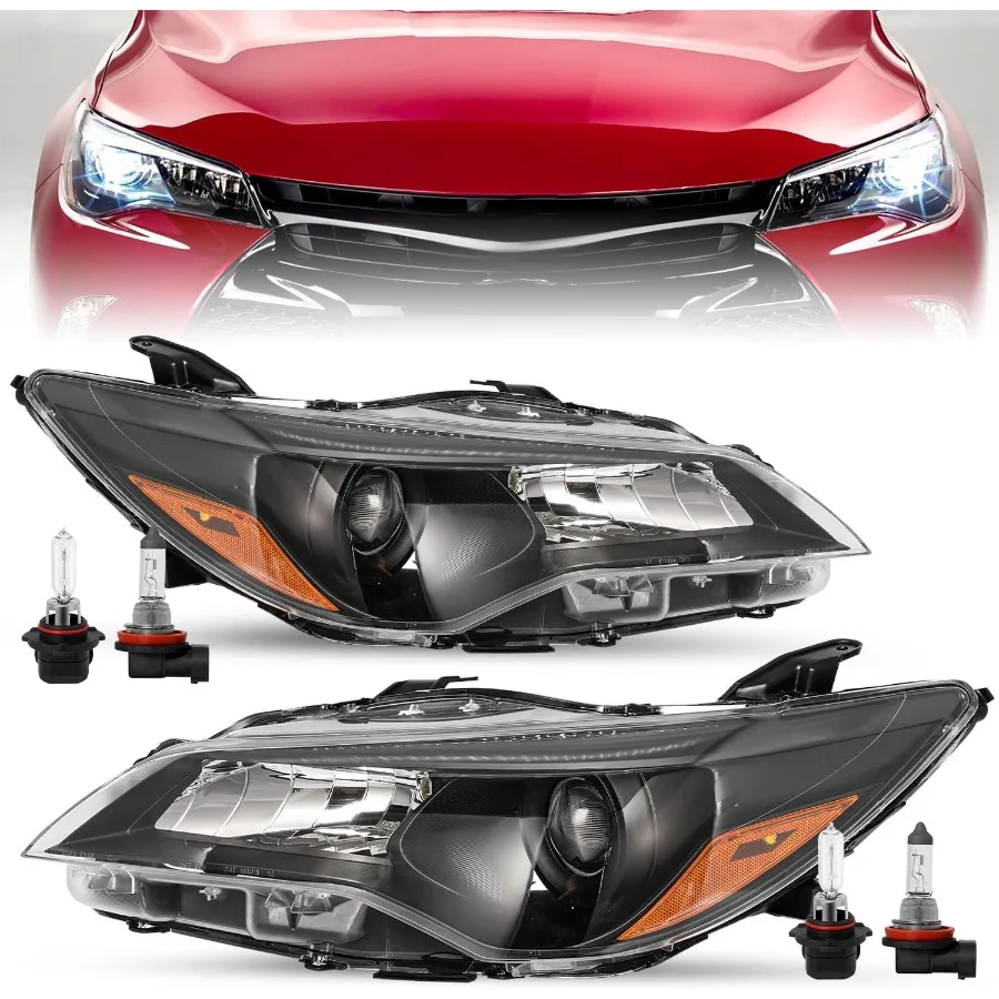 

Halogen Headlight Assembly Fit for 2015 2016 2017 Camry HeadlightBlack Housing with Amber Reflector with bulbs