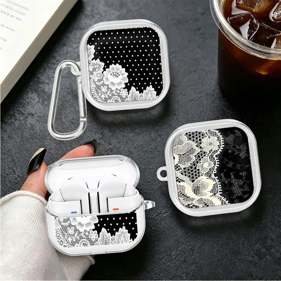 Vintage Lace Border Print Clear Earphone Cases Cover With Hook Case For Samsung Galaxy Buds 2 2Pro 3 FE 4 Pro Live 4Pro 3Pro
