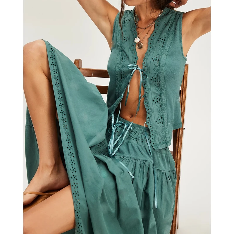 

Женский комплект одежды из 2 предметов с цветочной проушиной и зубчатой отделкой, завязанный передний жилет + эластичная талия, свободная длинная юбка трапециевидной формы