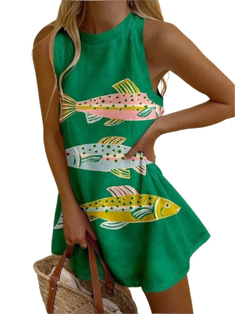 

Summer Print Dress Lady Fashion Sleeveless O Neck Pullover Dresses For Women Casual Boho Holiday Beach Skirt Womens Clothing New