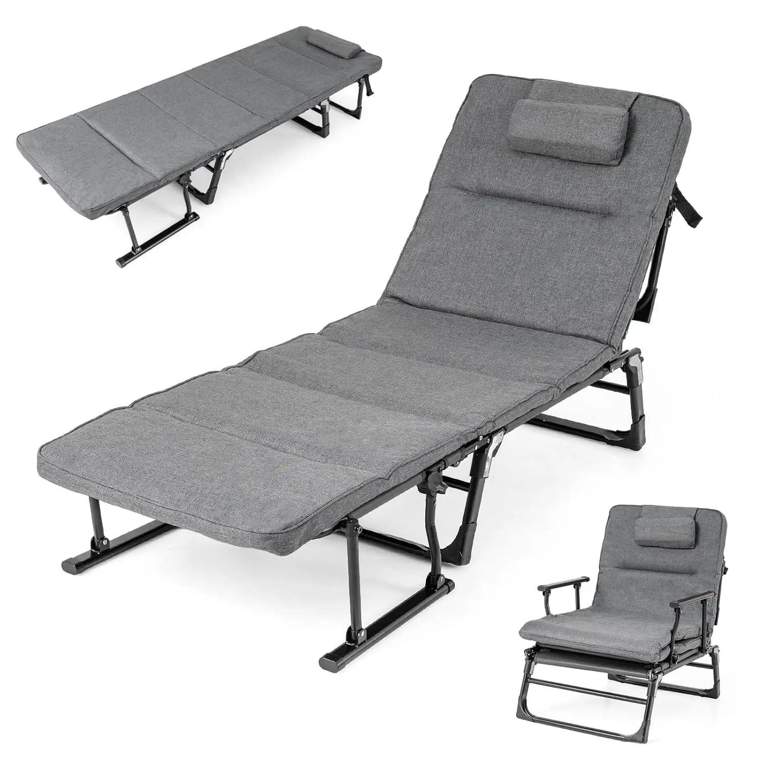 Folding Camping Cot w/Mattress & Pillow, 6-Position Adjustable Lounge Chair, 440 lbs, Reclining Cot for Camping, Customized