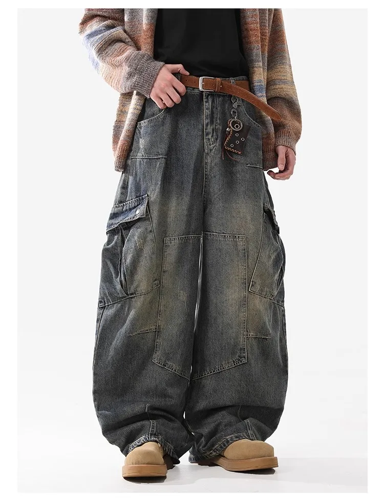 New Style Retro Multi Pocket Curved Knife Jeans Baggy Wide Leg Workwear Pants Korean Version Y2K Streetwear Casual Trousers Jean