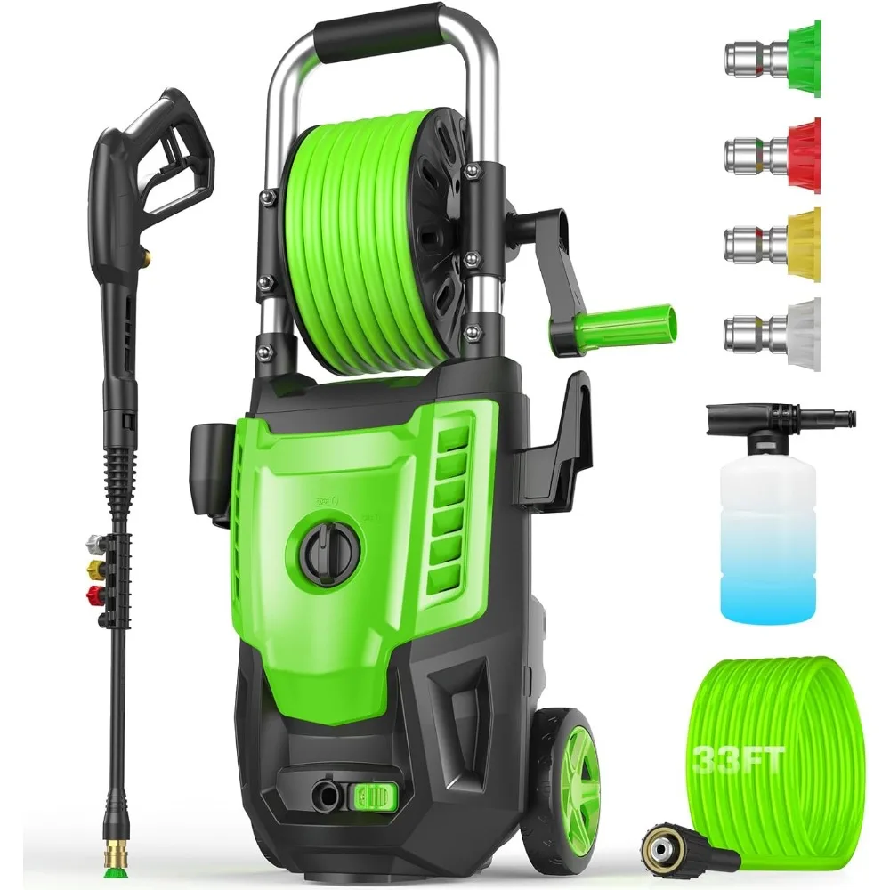 منظف الضغط PSI - منظف عالي الطاقة 4.0 جالون في الدقيقة مع بكرة خرطوم 33 قدم M22-14 مم، 4 فوهات ومدفع رغوي، للمنزل والسيارات