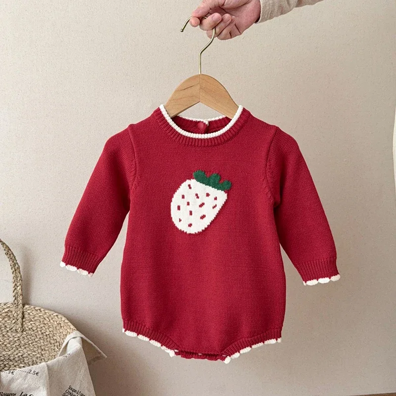 

Одежда для малышей, рождественский комбинезон для маленьких девочек, осенний детский вязаный комбинезон, клубничный вязаный комбинезон для новорожденных, комбинезон для девочек