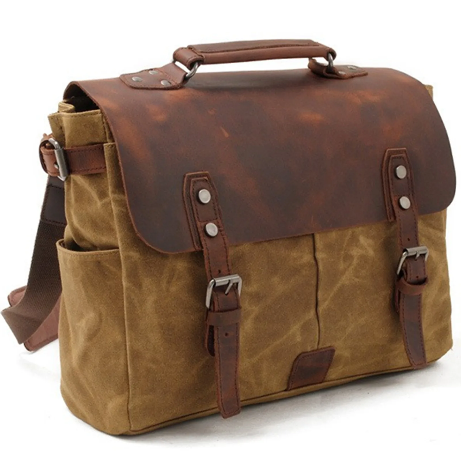 

Outdoor Shoulders Messenger Bag Business Computer Large Capacity Travel Waterproof Canvas Splicing Genuine Leather Hiking School