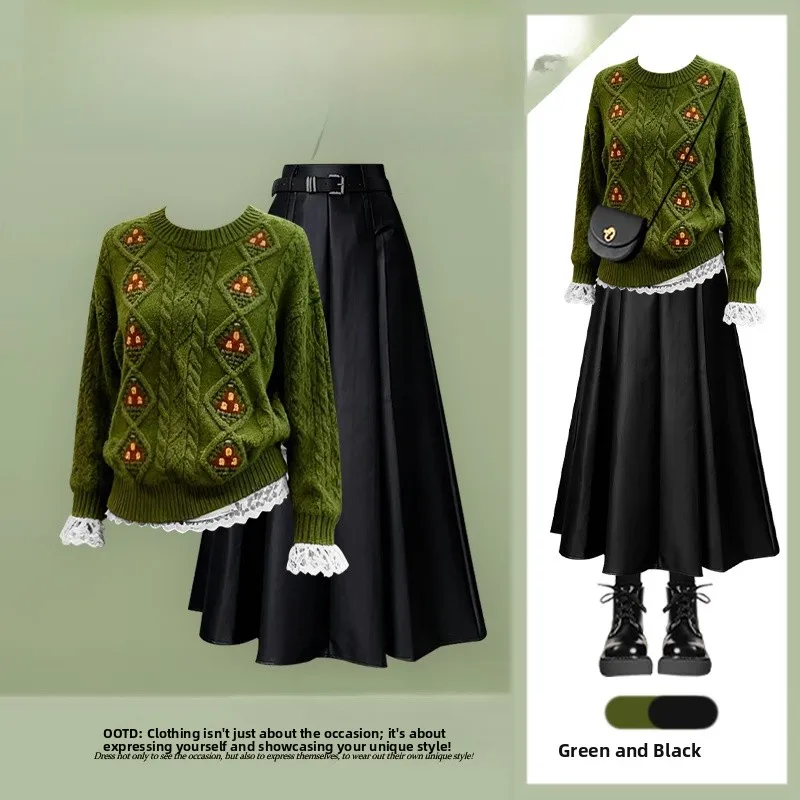 

Cisas Themed Knitted Sweater Set for Women Tee Piece Suite Top Bot Skirt Layering Faionable Anti Aging