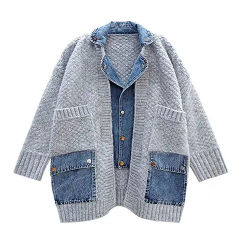 [EWQ] Fashion Casual Denim Spliced Long Sleeve Knitted Cardigan Loose Thick Women Sweater Coats Winter 2024 Autumn New 16O1464