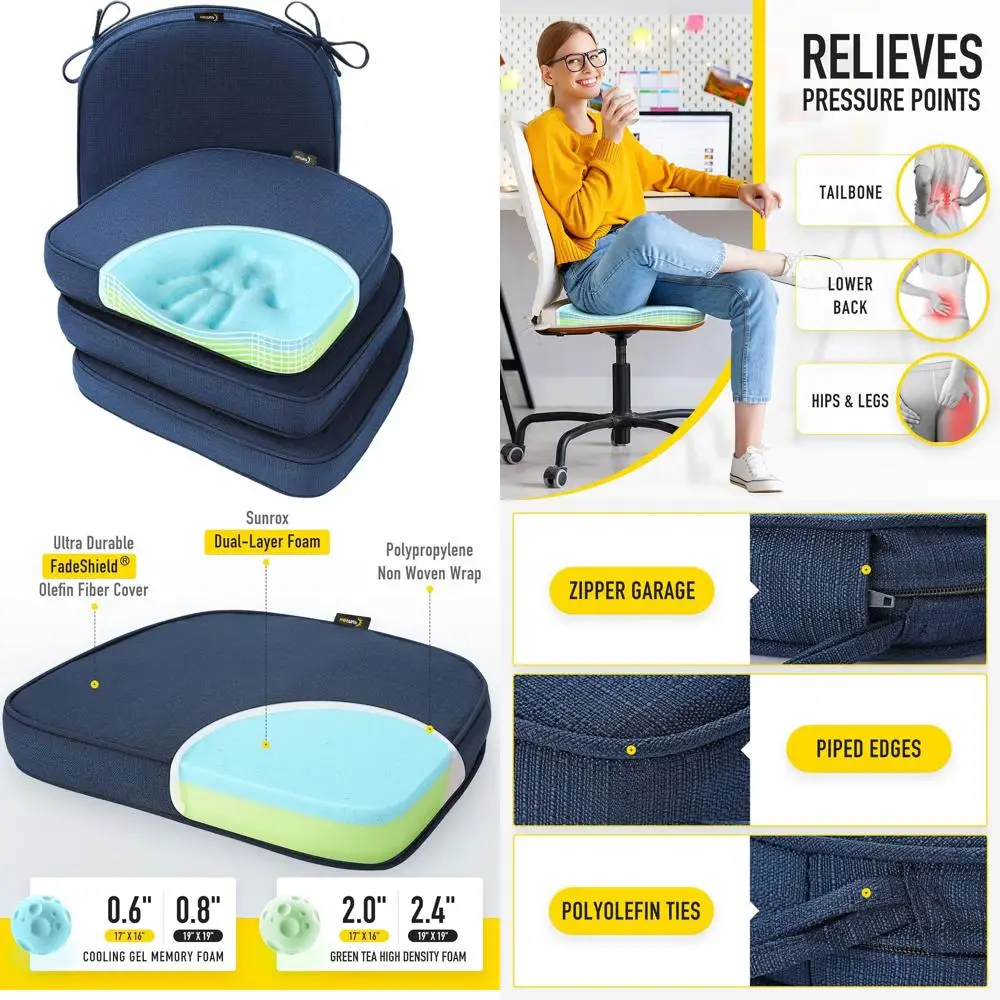 

Memory Foam Chair Cushions, Set of 4, Reversible, Water Resistant, 17x16 inches, Navy