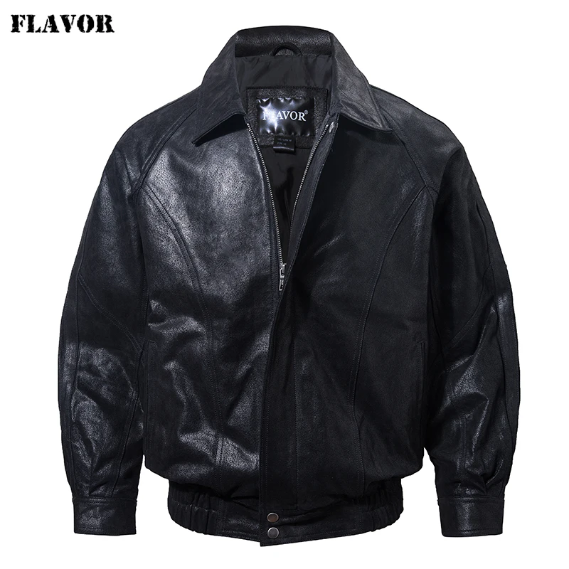 FLAVOR Chaqueta de cuero informal para hombre Chaqueta bomber Chaqueta de vuelo de aviador clásica Negro