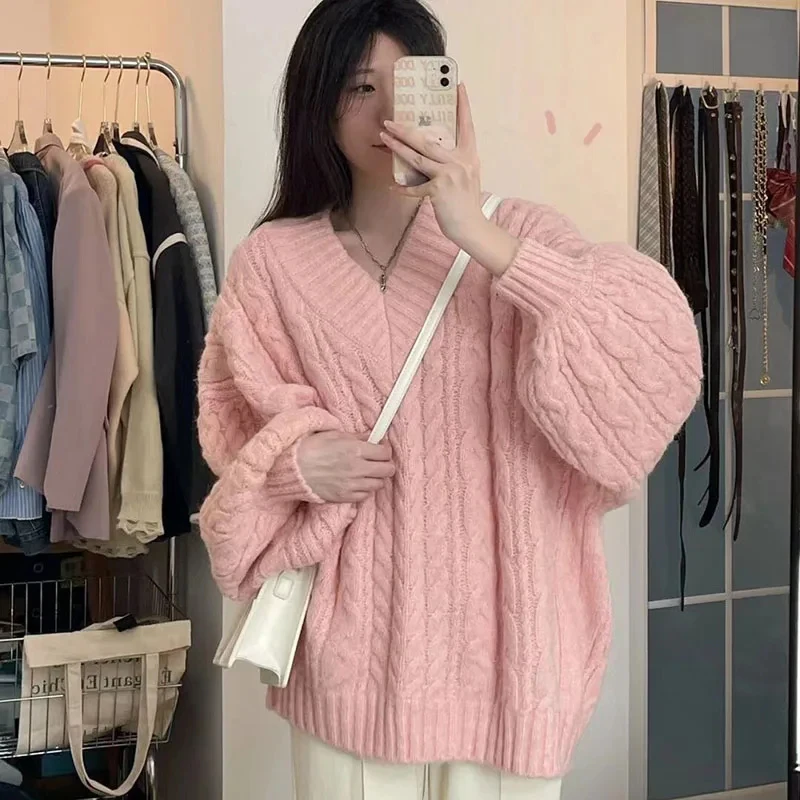 MEXZT Oversized Sweater Women Streetwear V Neck Knitted Pullovers Winter Harajuku Korean Loose Knitwear Preppy Casual Jumpers