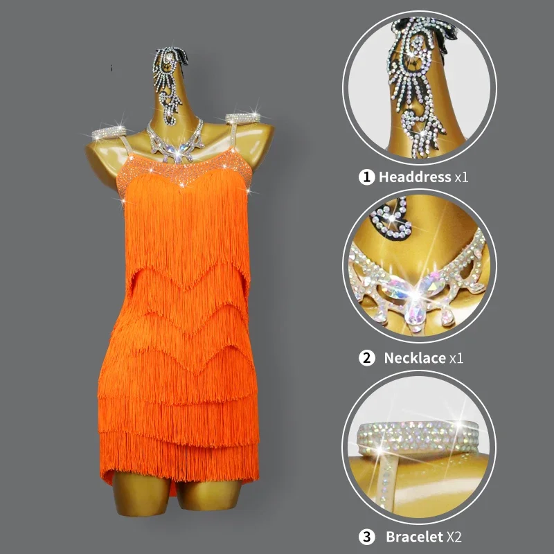 Vestido de baile latino naranja con borlas para mujer, ropa de práctica de salón de baile sexual, falda de escenario, ropa de noche, disfraz de actuación para mujer, novedad de 2024