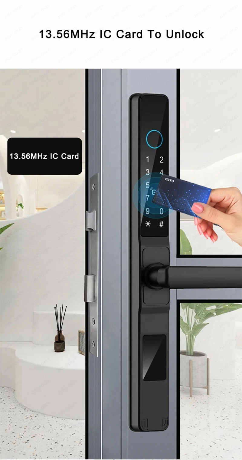 Schlankes 3,5 cm wasserdichtes Aluminium-Schiebetürschloss mit Fingerabdruck, Passwort, IC-Karte, schlüsselloser Zugang, elektronisches Türschloss, Alexa, Google – Detail 6