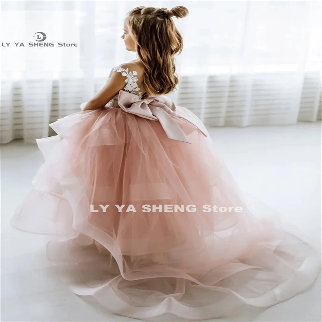 

Flower Girl Dresses Dusty Pink Tulle Puffy Tiered White Appliques With Bow Sleeveless For Wedding Birthday Banquet Princess Gown