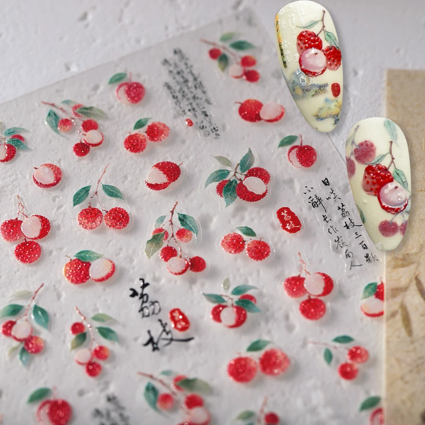 

Fresh Opened Litchi Chinensis Fruit Green Leaves Chinese Characters Lemon Peach Embossed Nail Art Sticker Lychee Manicure Decals