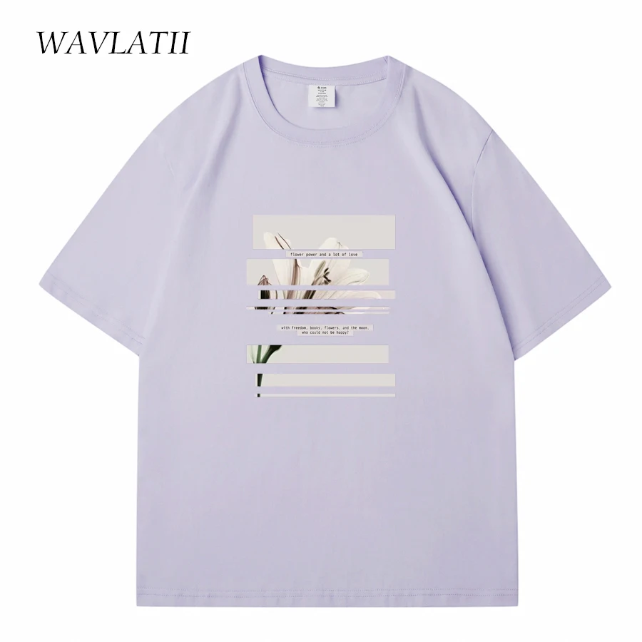 WAVLATII New Women Cotton T shirts Female White Flower Printed Tees Lady Dark Grey Casual Short Sleeve Tops for Summer WT2316