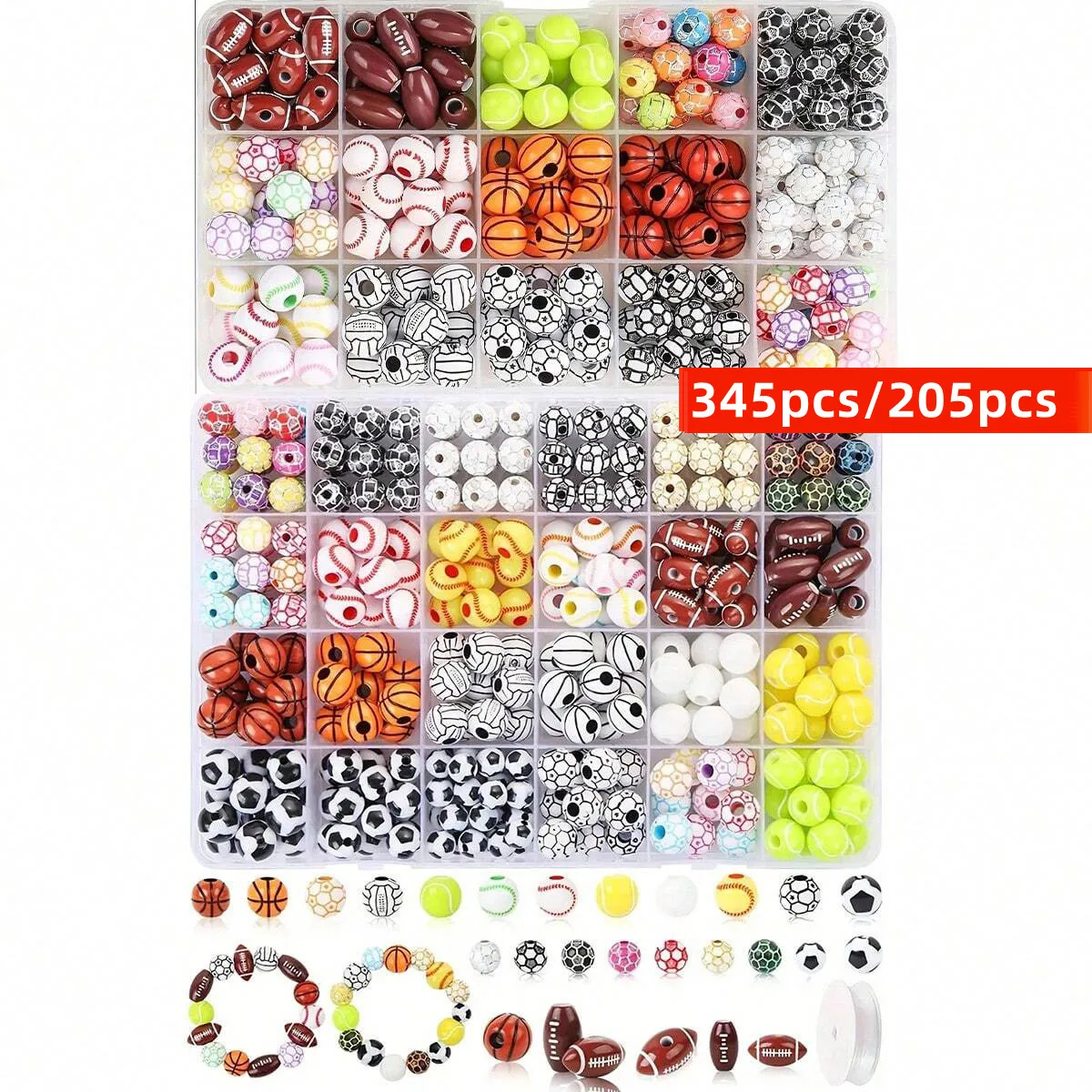 

345pcs/205pcs Acrylic Sports Beads Set,1pcs elastic thread - Spacer Beads with Storage Box for DIY Jewelry