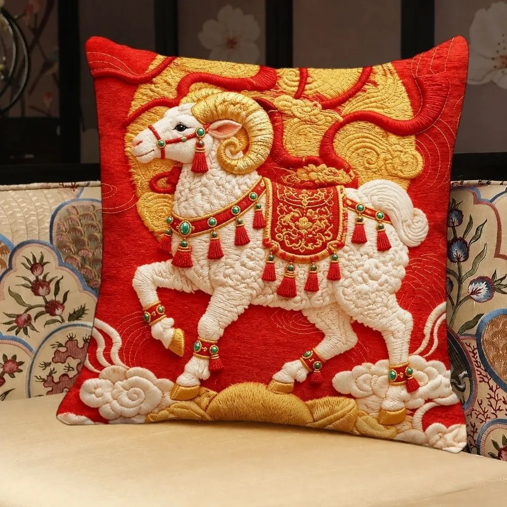 Soft 2027 New Year Sheep Pillow Cover Simulation Year of Sheep Goat Throw Cushion Case Chinese Style Square