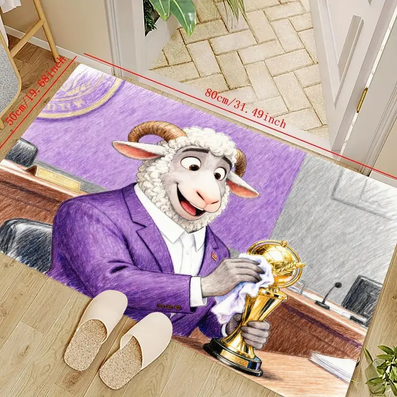 

1PC Cute Cartoon Sheep Floor Mat, Animal Character in Purple Suit Polishing Golden Trophy Design, Non-Slip Soft Washable Area Ru