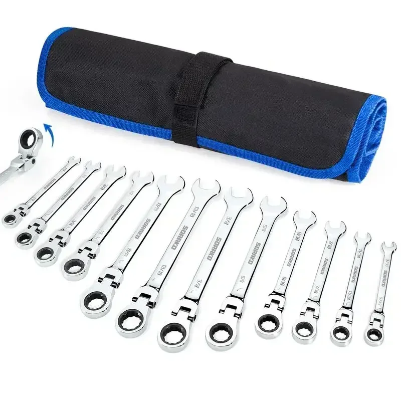 12PCS Ratcheting Wrench Set Flex Head, SORAKO SAE Combination Ratchet Wrench kit, 1/4″ - 13/16″ Chrome Vanadium Steel Wrenches