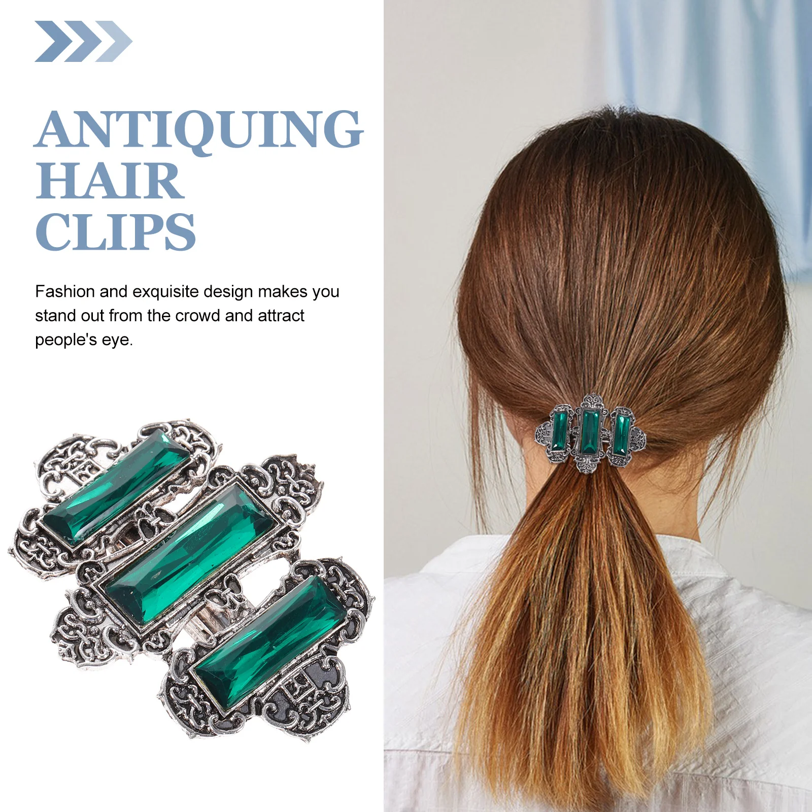 

1Pcs Stylish Alloy Hair Clip Crystal Antiquing Spring Buckle Ponytail Clip Hair Ornament for Daily Party Silver Green