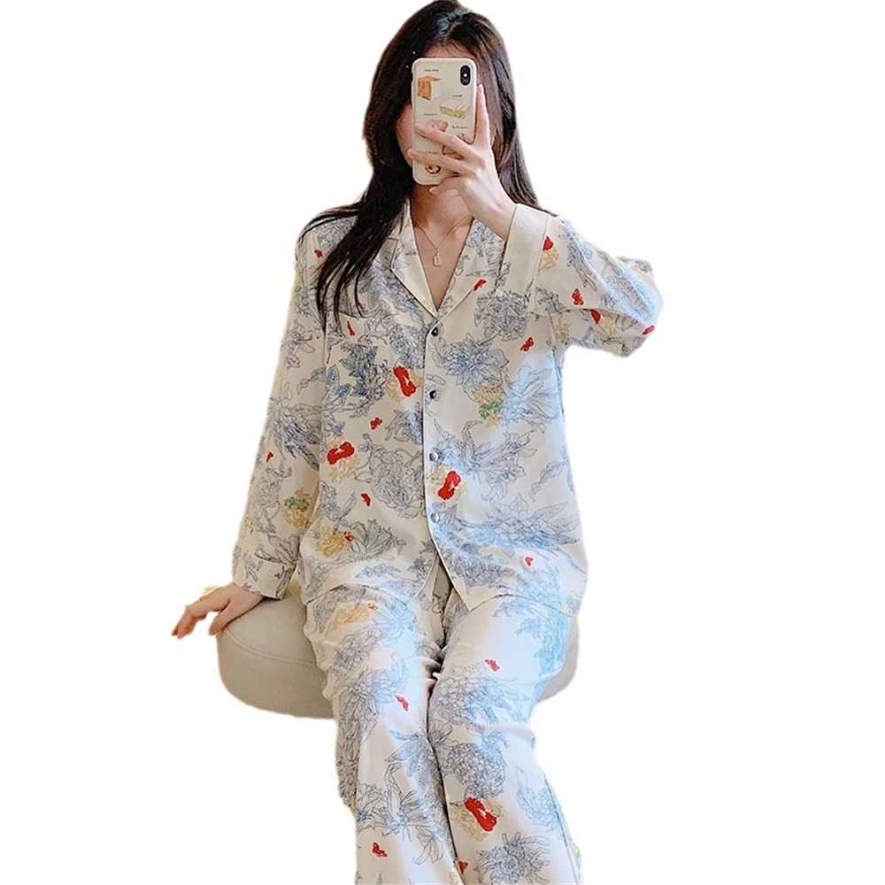 

Long Sleeves Pants Pajamas Suit Women Summer Thin Print Breathable Viscose Homewear Set Ladies Casual Cardigan Sleepwear 2-piece