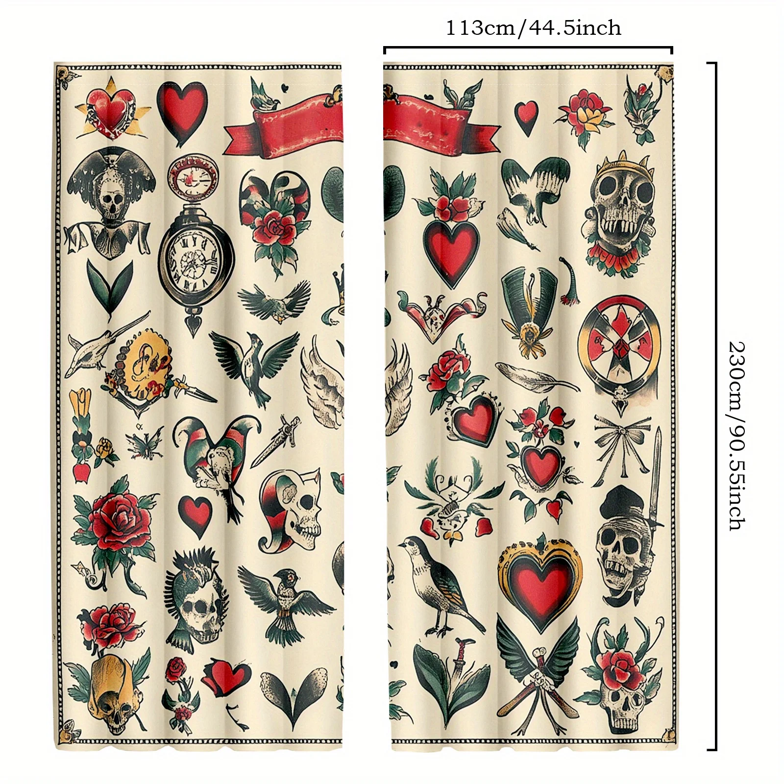 Tattoo Style Curtains Skull Hearts Roses Art Print Window Drapes Vintage Boho Home Decor Living Room Bedroom Retro Design
