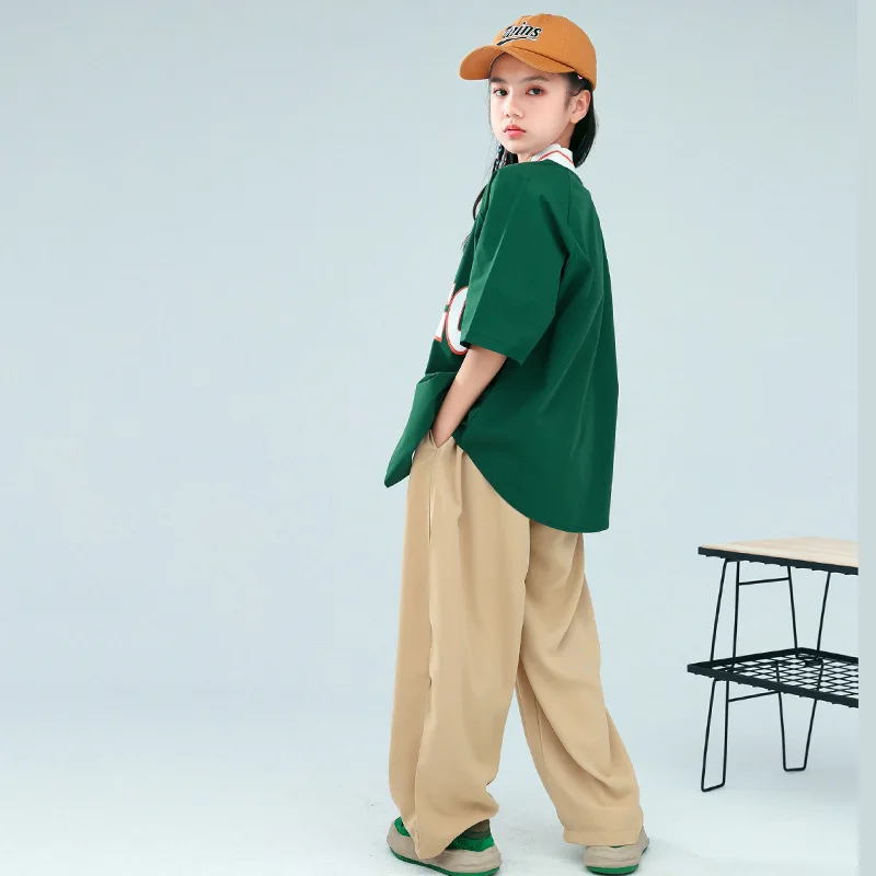 Kid Hip Hop Clothing Dark Green Oversized Cardigan Baseball Shirt Top Khaki Wide Casual Pants for Girl Boy Dance Costume Clothes