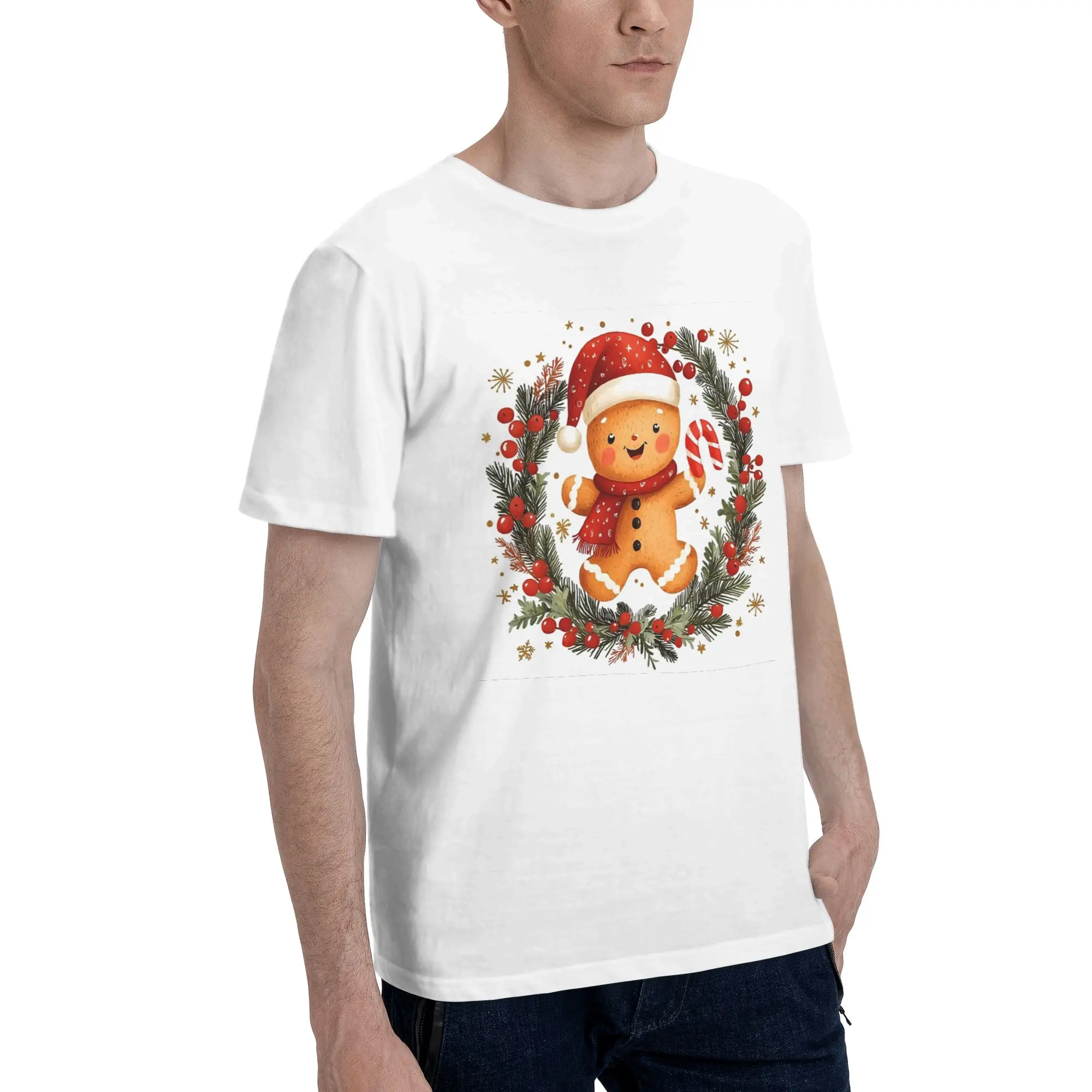 

Holly Jolly Gingerbread Men T-Shirt Oversized T Shirts Men's Round Neck Cotton Tees Short Summer Male