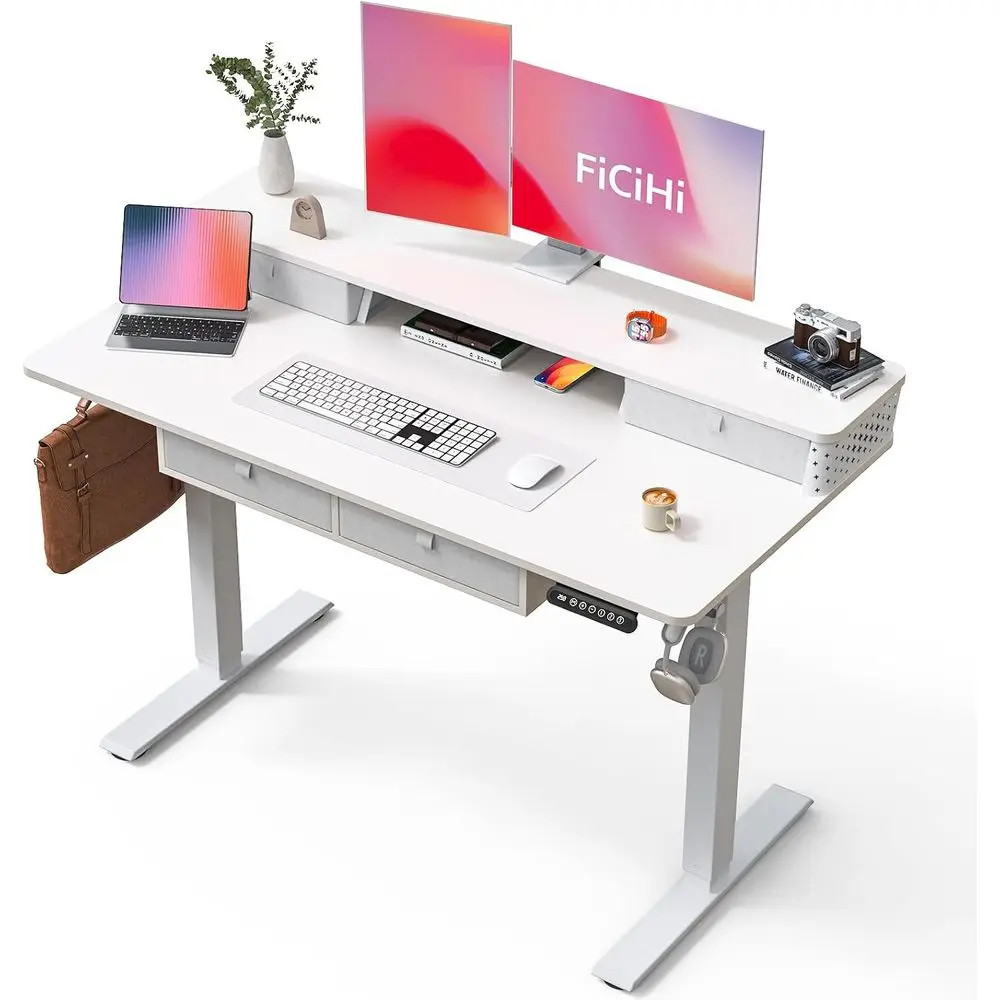 

Adjustable Height Electric Standing Desk, 48 x 24, Storage Shelf & Monitor Riser, White