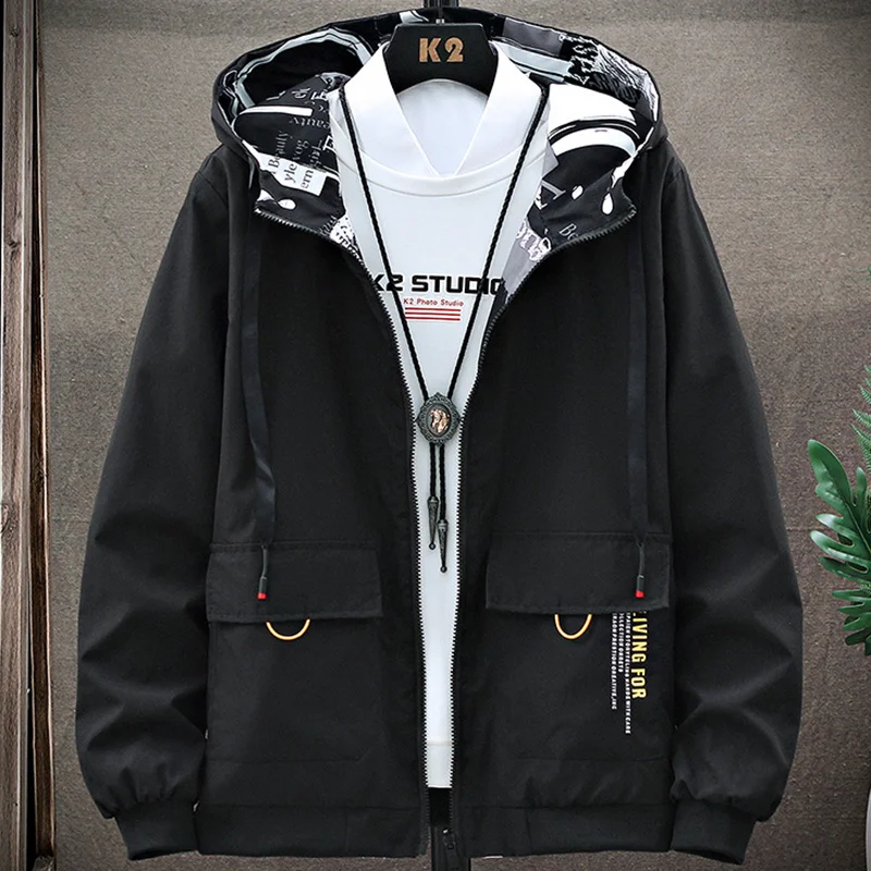 

Autumn New 2023 Double Sided Wear Men's Jacket Hooded Windbreaker Bomber Jacket Plus Size 4XL