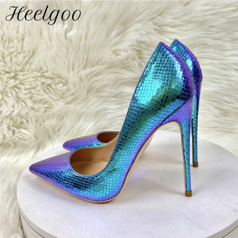 Heelgoo Laser Blue Embossed Snakeskin Women Sexy Pointy Toe High Heel Shoes Gorgeous Evening Club Party Dress Stiletto Pumps