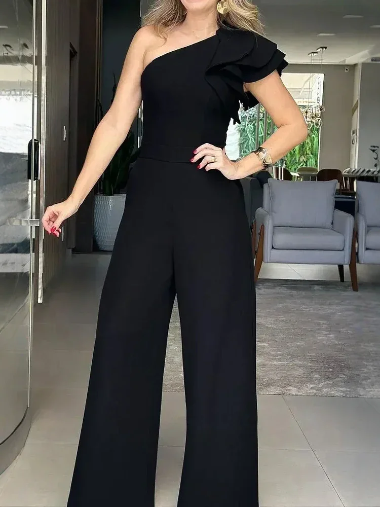 بدلة عمل Mia Muse Boutique Mature Vibe سادة بدون أكمام بكتف واحد وطول كامل وواسعة الساق بدلة قفز نسائية لصيف 2025
