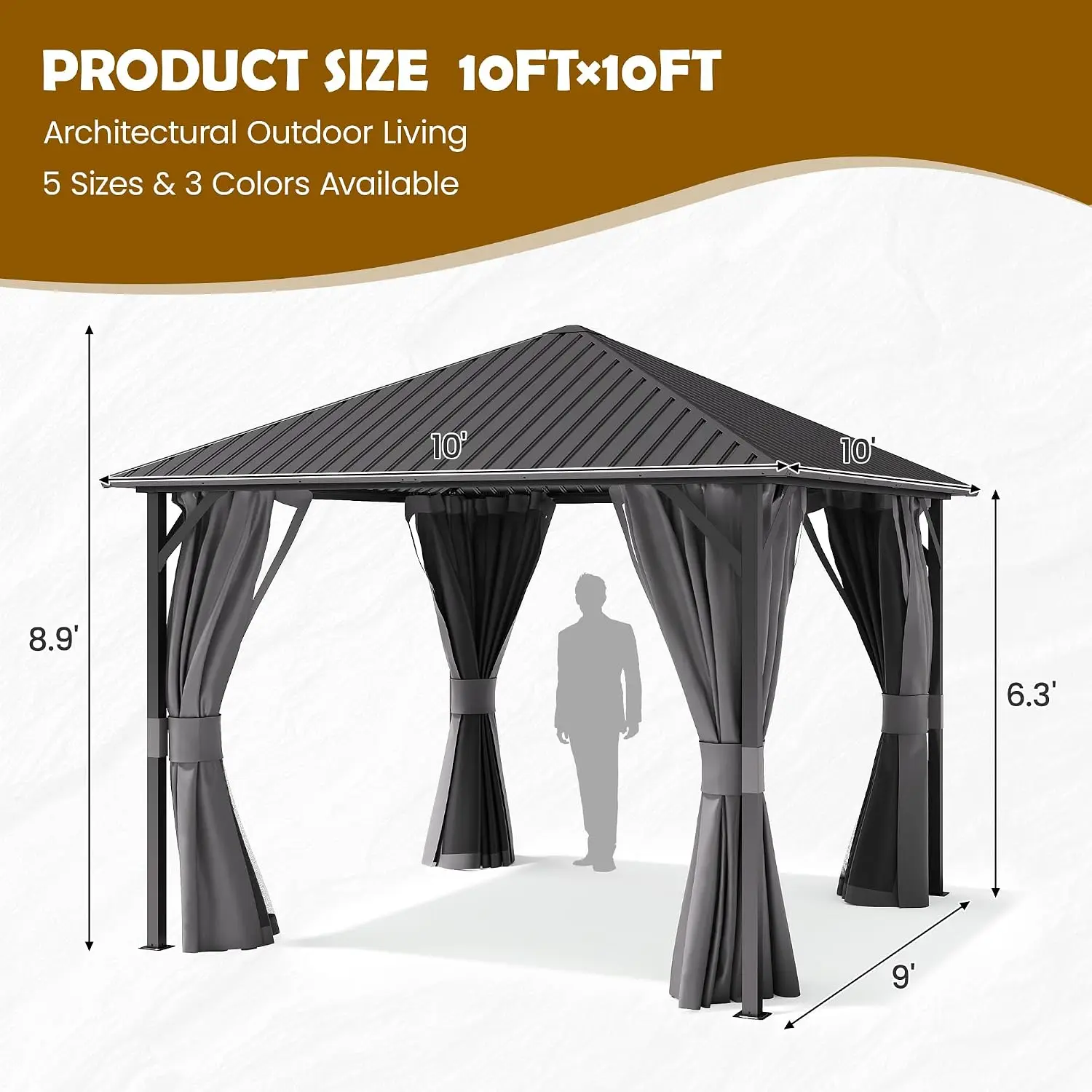 10'x10' Hardtop Gazebo Weather-Resistant Waterproof 49mph Wind 6in Snow Dual-Track Sidewalls Backyard Garden Deck, Customized