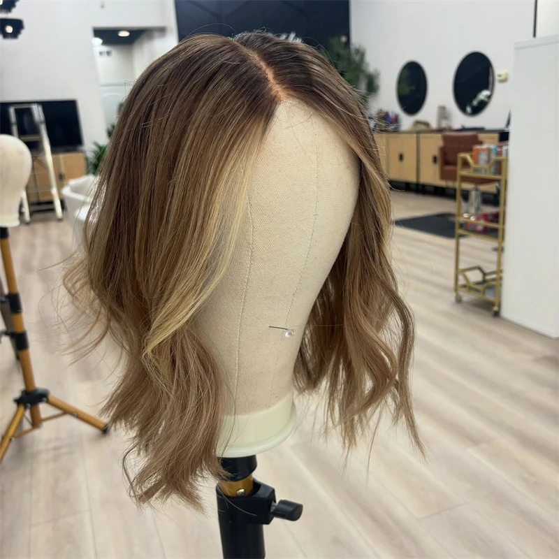 パーティーウィッグ ショートウェーブ ボブ オンブレ ブラウンブロンド ミドルパート 合成レースフロントウィッグ 生え際プレプラッキング済み 耐熱ファイバーウィッグ