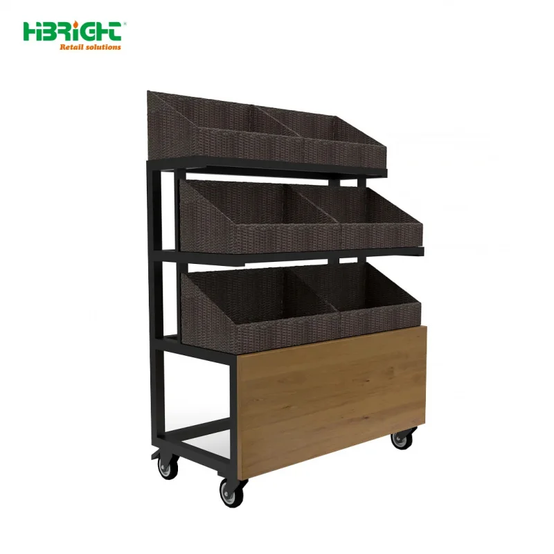 custom.Modern Fruit and Vegetable Display Rack, Supermarket Produce Island Shelf with Plastic Crates