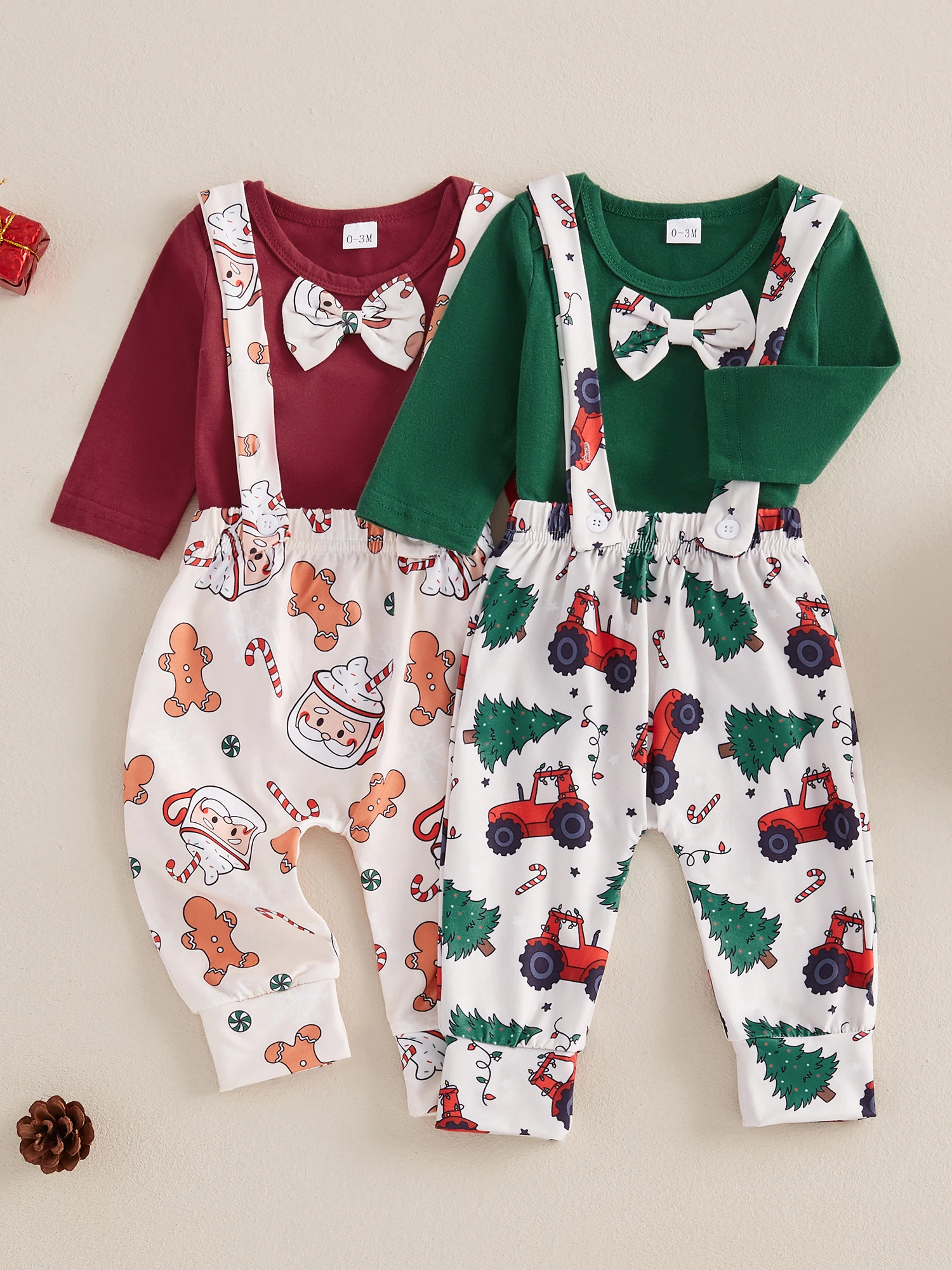 Baby Boy Christmas Set Tree/Gingerbread Print Bow Tie Long Sleeve Romper Long Suspender Pants Outfits