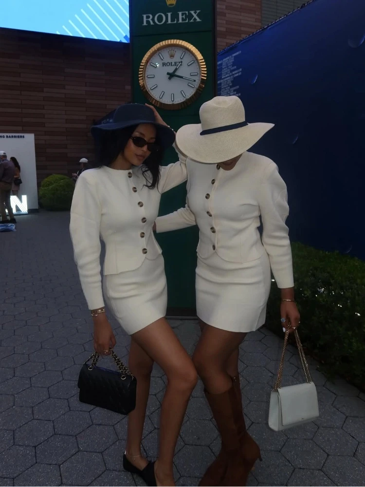 

Повседневное вязаное пальто, комплект с юбкой, женский однобортный вязаный жакет с длинными рукавами, короткие тонкие юбки, комплекты женских осенних женских костюмов 2025 г.